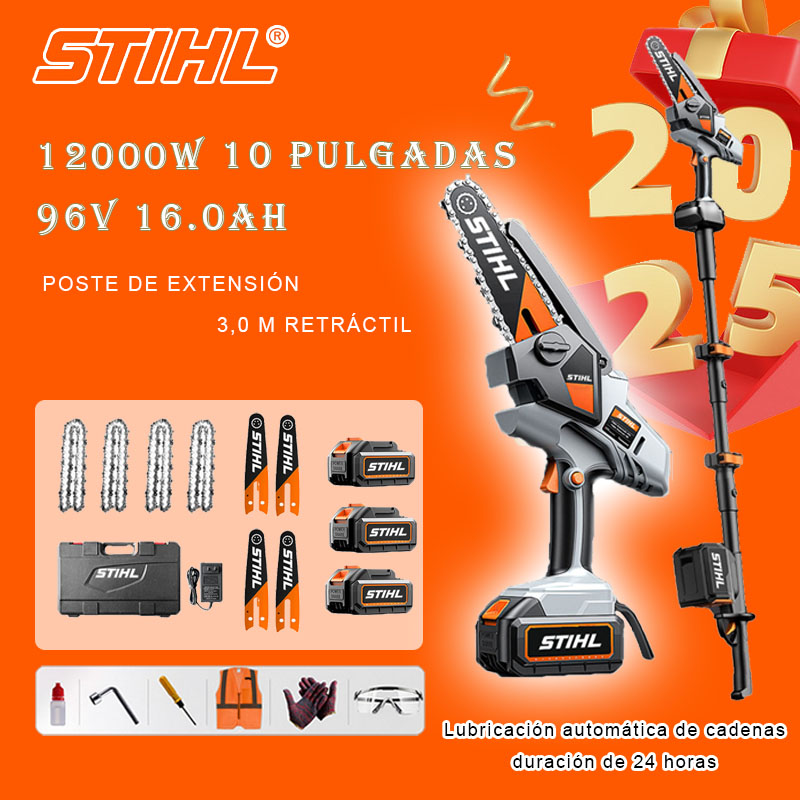 Sierra eléctrica de litio sin escobillas de 10 pulgadas, potencia 12000 W, batería de 96 V 16 Ah * 3, cargador, poste de extensión telescópico de 3 m * 1, riel guía * 2, cadena * 4, caja de herramientas, lubricante y vasos, garantía de cinco años