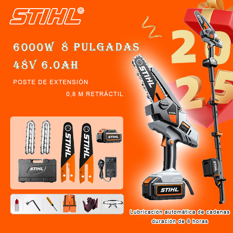 Sierra eléctrica de litio sin escobillas de 8 pulgadas, potencia de 6000 W, batería de 48 V 6,0 Ah * 2, cargador, poste telescópico de 0,8 m * 1, riel guía * 1, cadena * 2, caja de herramientas, aceite lubricante y vasos, garantía de cinco años