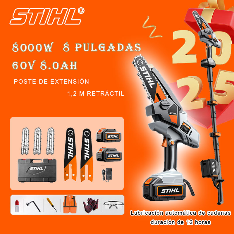 Sierra eléctrica de litio sin escobillas de 8 pulgadas, potencia de 8000 W, batería de 60 V 8,0 Ah *2, cargador, poste de extensión telescópico de 1,2 m *1, rieles guía *2, cadenas *3, caja de herramientas, aceite lubricante y gafas protectoras, cinco años de garantía