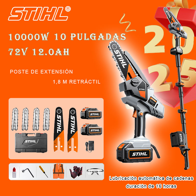 Sierra eléctrica de litio sin escobillas de 10 pulgadas, potencia 10000 W, batería de 72 V 12 Ah * 2, cargador, poste de extensión telescópico de 1,8 m * 1, barra guía * 2, cadena * 4, caja de herramientas, aceite lubricante y gafas de seguridad, cinco años de garantía