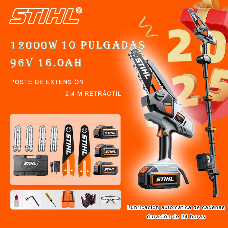 Sierra eléctrica de litio sin escobillas de 10 pulgadas, potencia 12000 W, batería de 96 V 16 Ah * 3, cargador, poste de extensión telescópico de 2,4 m, riel guía * 2, cadena * 4, caja de herramientas, lubricante y gafas, garantía de cinco años